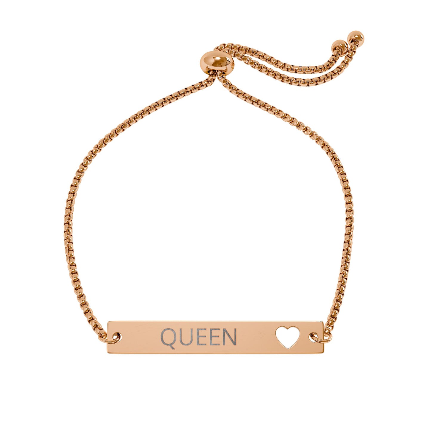 Engraved Heart Bar Bracelet — Adjustable 'Queen' Cutout Plate