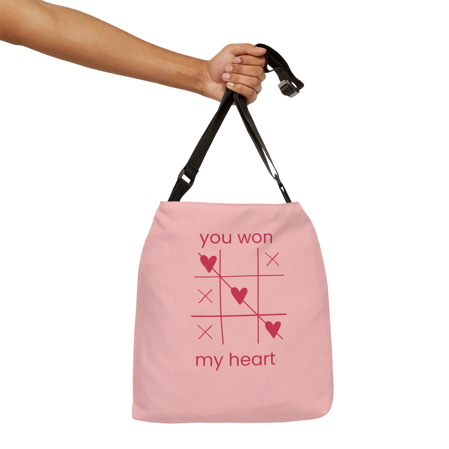 Adjustable Tote Bag — Pink 'You Won My Heart' Tic-Tac-Toe Valentine Tote