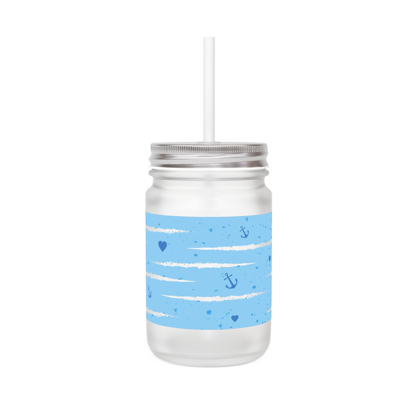 Nautical Stripes Mason Jar Tumbler – Blue Anchor & Heart Summer Drink Cup