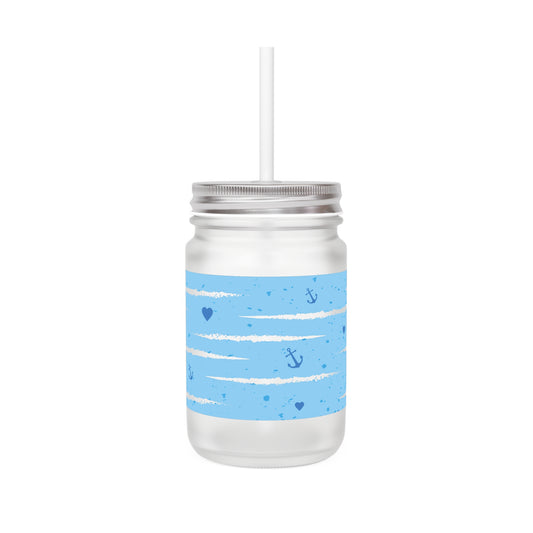 Nautical Stripes Mason Jar Tumbler – Blue Anchor & Heart Summer Drink Cup