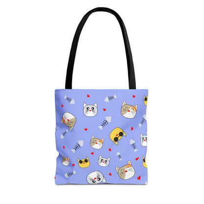 Cute Cat Emoji Pattern Tote Bag – Purple All-Over Print Cat Faces & Fishbones
