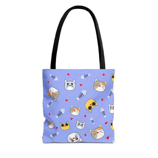 Cute Cat Emoji Pattern Tote Bag – Purple All-Over Print Cat Faces & Fishbones