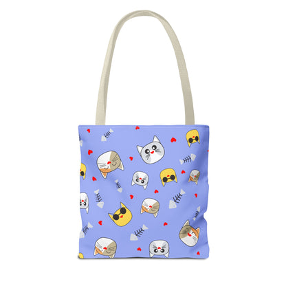Cute Cat Emoji Pattern Tote Bag – Purple All-Over Print Cat Faces & Fishbones