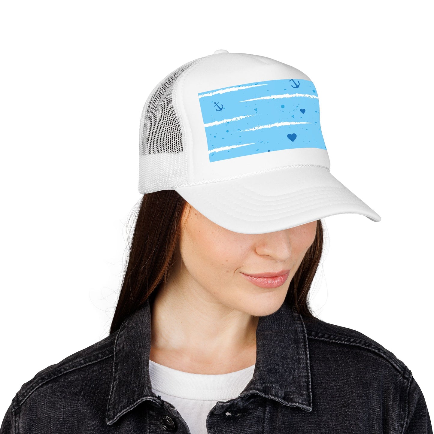 Trucker Hat — Lightweight Nautical Stripe Design (Anchors & Hearts)