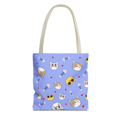 Cute Cat Emoji Pattern Tote Bag – Purple All-Over Print Cat Faces & Fishbones