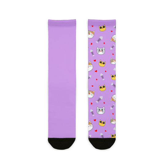 Purple Kawaii Cat & Snack Pattern Crew Socks