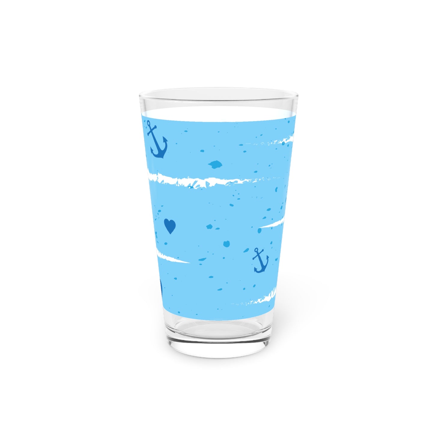 Nautical Anchor & Hearts 16oz Pint Glass — Blue Striped Beachy Beer Glass