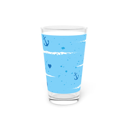 Nautical Anchor & Hearts 16oz Pint Glass — Blue Striped Beachy Beer Glass