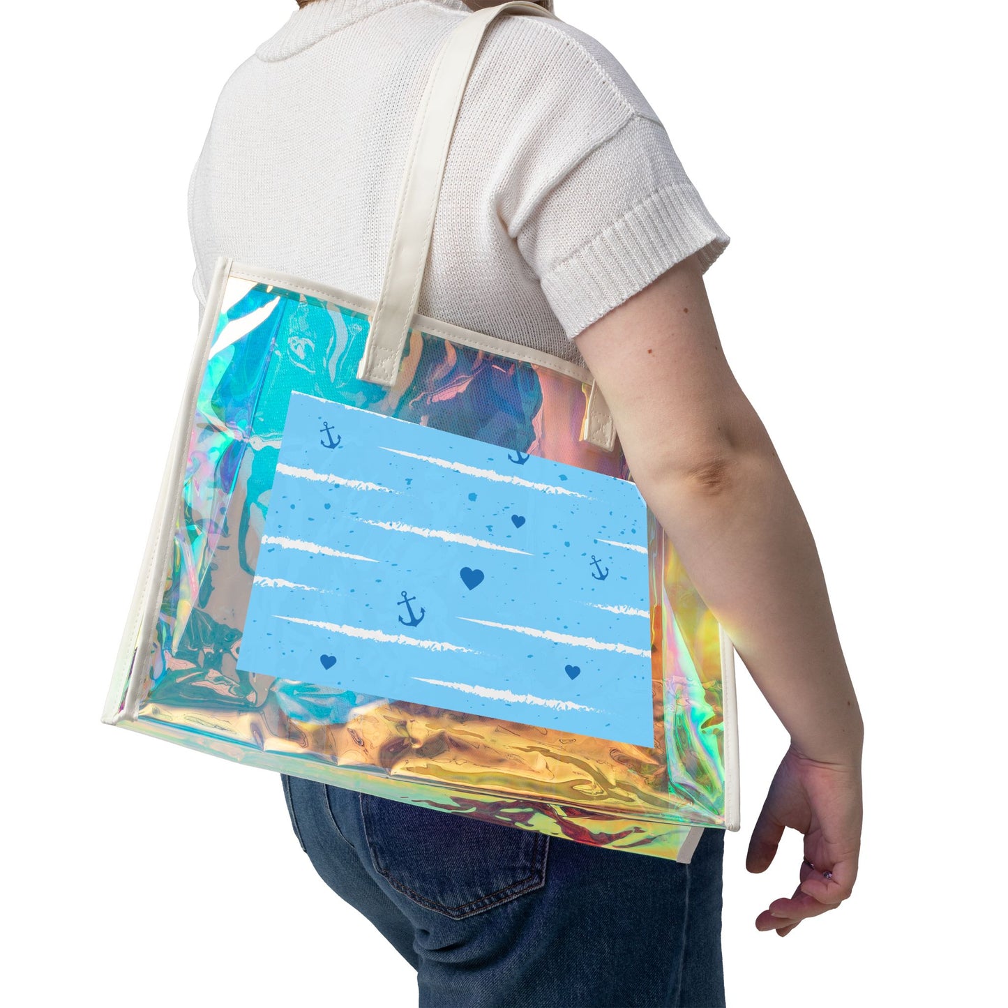 Holographic Beach Tote Bag — Iridescent Clear Summer Beach Bag