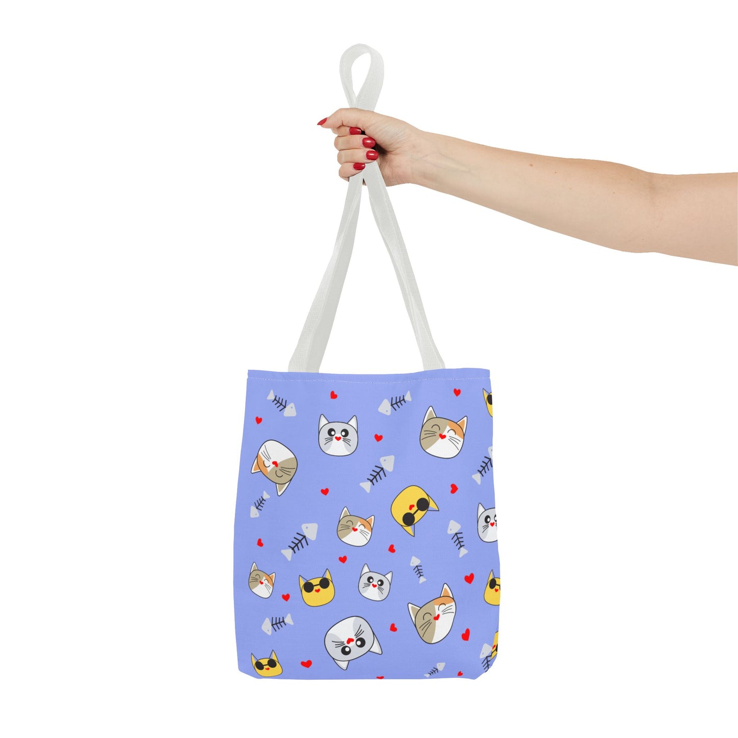 Cute Cat Emoji Pattern Tote Bag – Purple All-Over Print Cat Faces & Fishbones
