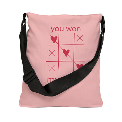 Adjustable Tote Bag — Pink 'You Won My Heart' Tic-Tac-Toe Valentine Tote