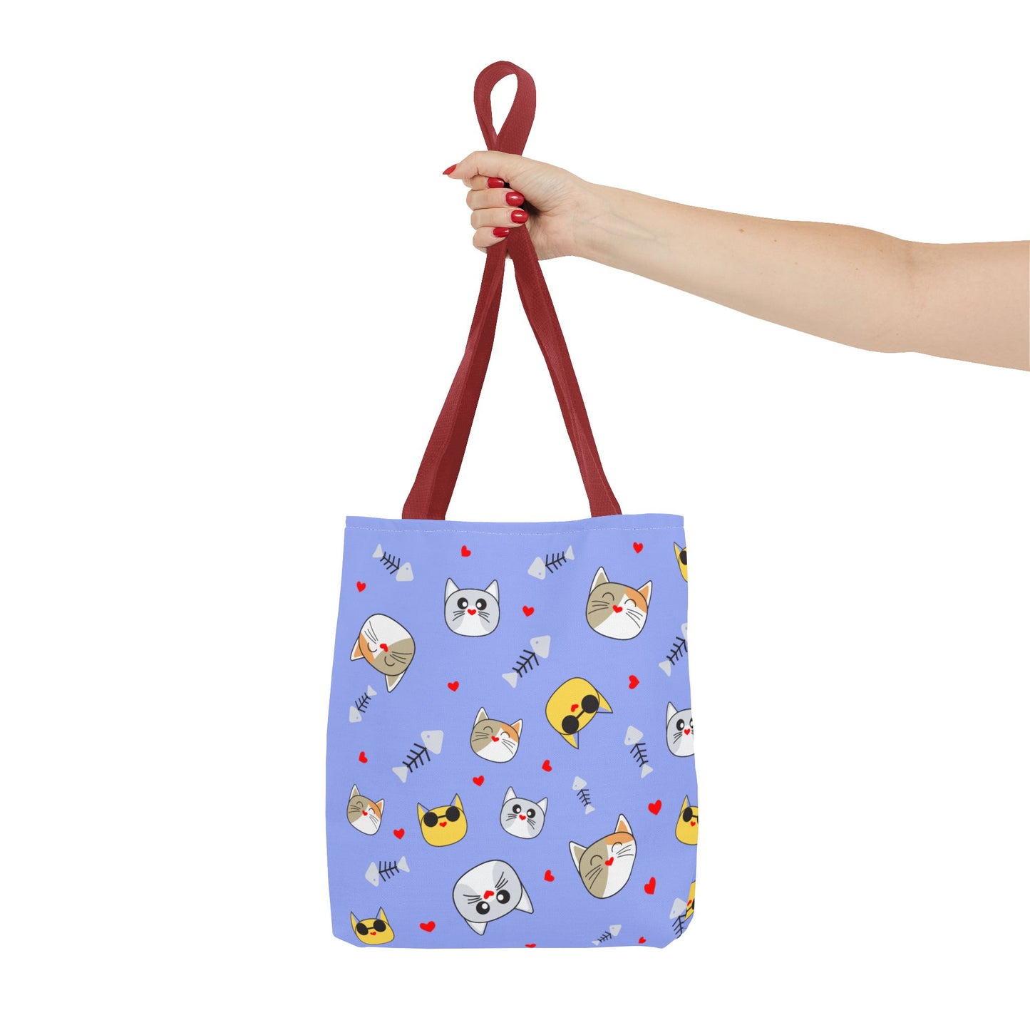 Cute Cat Emoji Pattern Tote Bag – Purple All-Over Print Cat Faces & Fishbones