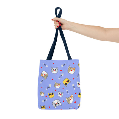 Cute Cat Emoji Pattern Tote Bag – Purple All-Over Print Cat Faces & Fishbones