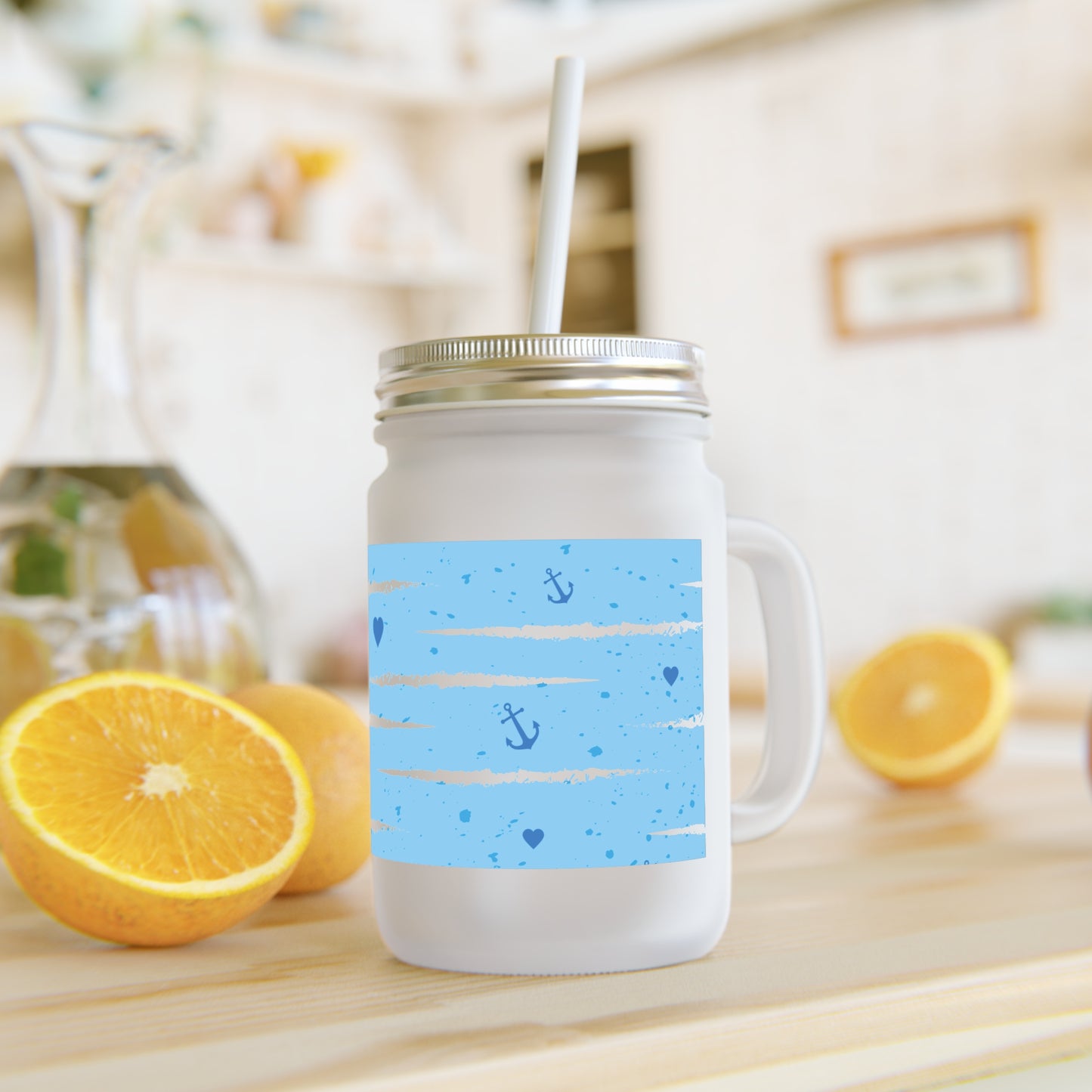 Nautical Stripes Mason Jar Tumbler – Blue Anchor & Heart Summer Drink Cup