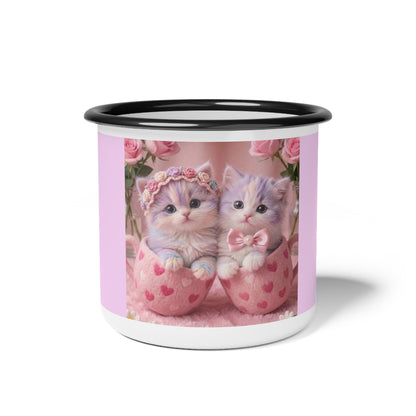 Cute Kittens Enamel Camp Cup — Pink Heart Floral Vintage Cat Mug