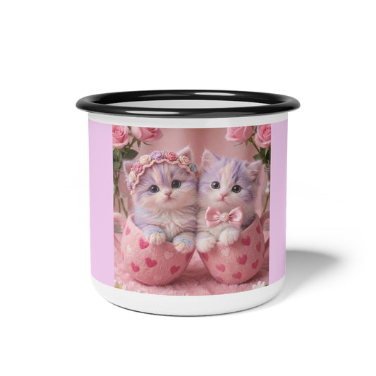 Cute Kittens Enamel Camp Cup — Pink Heart Floral Vintage Cat Mug