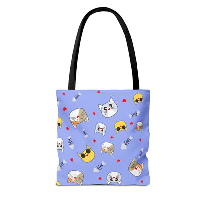 Cute Cat Emoji Pattern Tote Bag – Purple All-Over Print Cat Faces & Fishbones