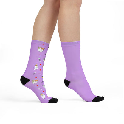 Purple Kawaii Cat & Snack Pattern Crew Socks
