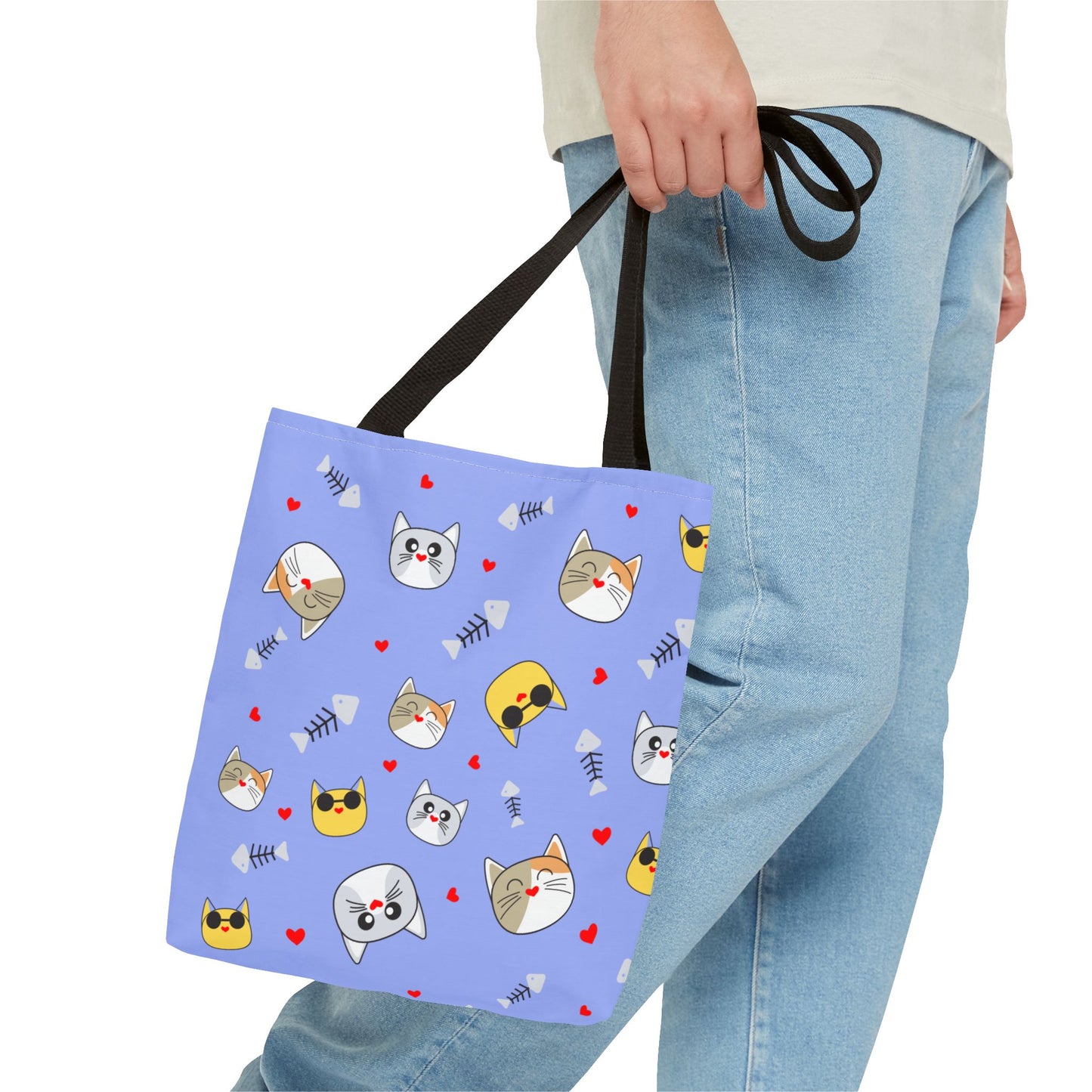 Cute Cat Emoji Pattern Tote Bag – Purple All-Over Print Cat Faces & Fishbones