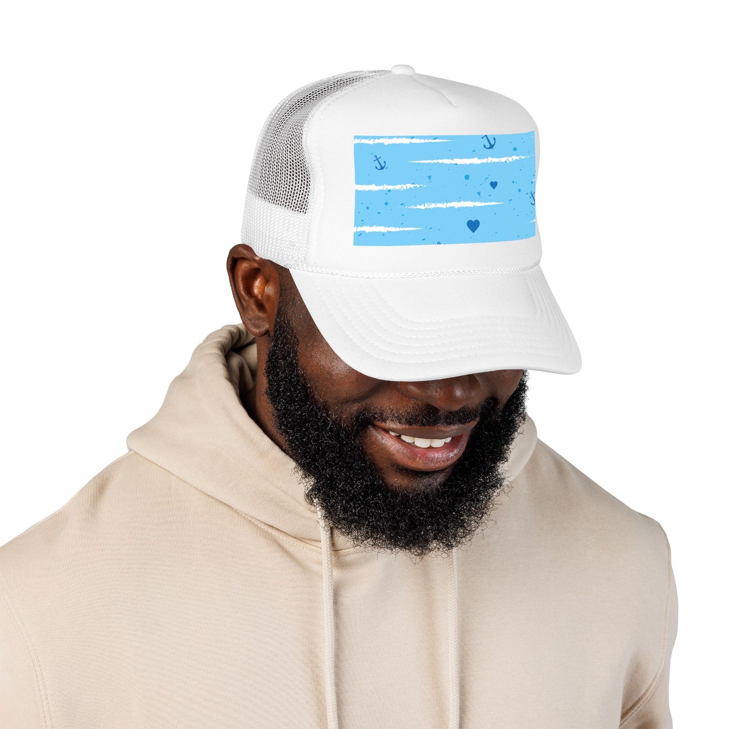 Trucker Hat — Lightweight Nautical Stripe Design (Anchors & Hearts)