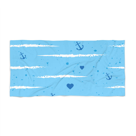 Nautical Blue Anchor Beach Towel – Striped Seashell Heart Design