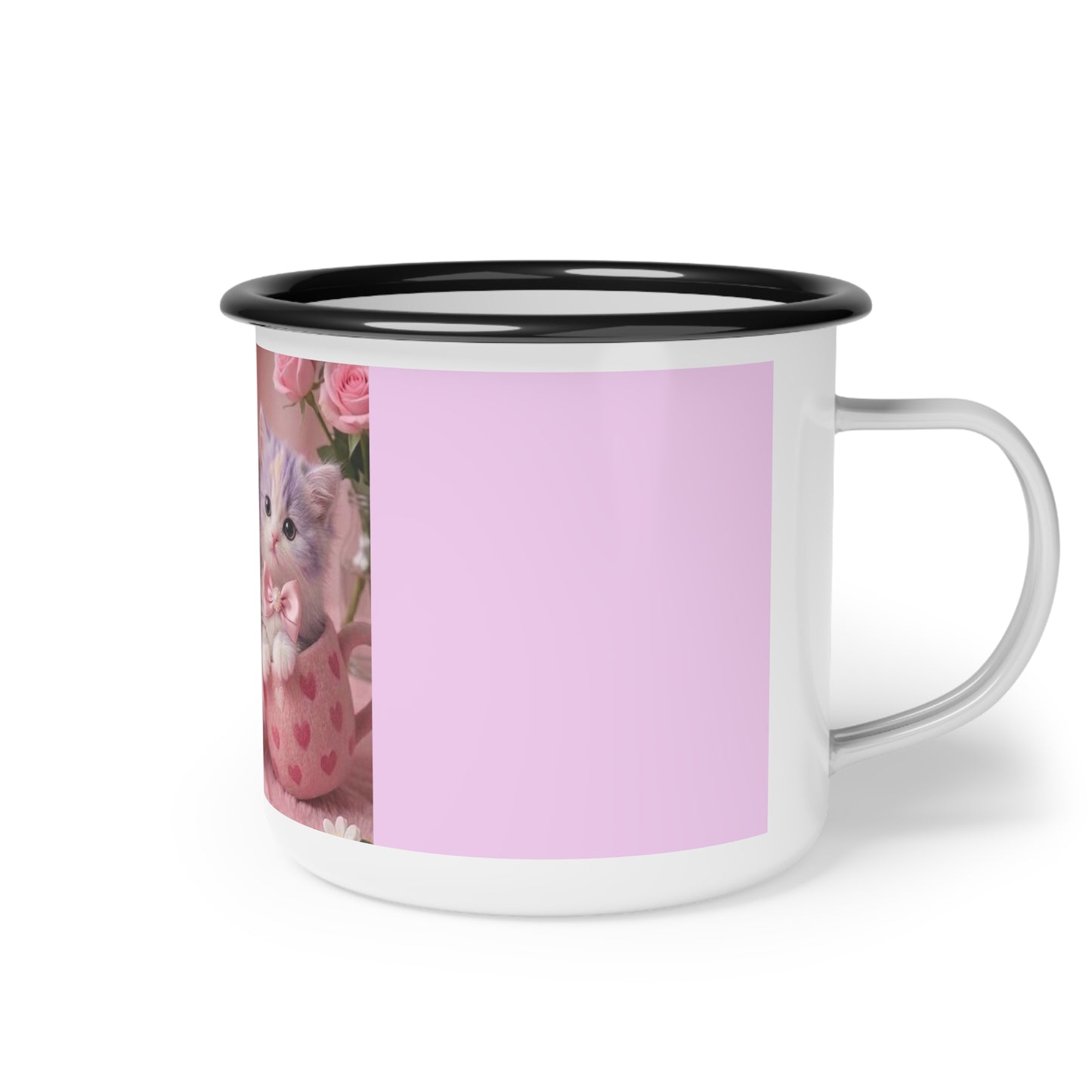 Cute Kittens Enamel Camp Cup — Pink Heart Floral Vintage Cat Mug