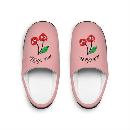 Women's Pink Cherry Slippers - 'You Cute' Cute Floral Indoor House Slippers