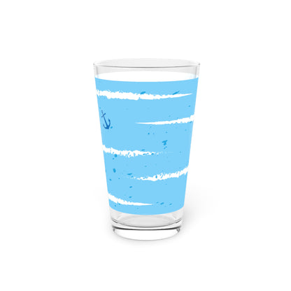 Nautical Anchor & Hearts 16oz Pint Glass — Blue Striped Beachy Beer Glass