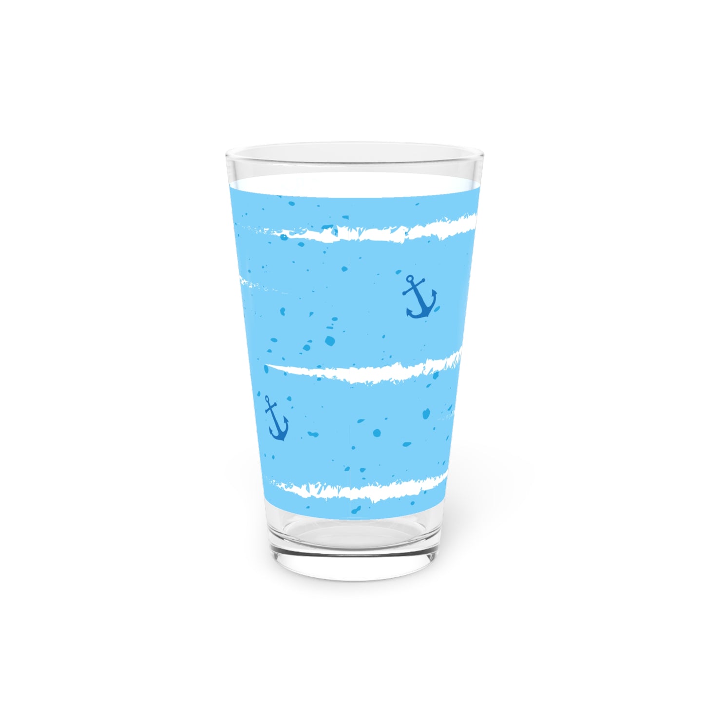 Nautical Anchor & Hearts 16oz Pint Glass — Blue Striped Beachy Beer Glass