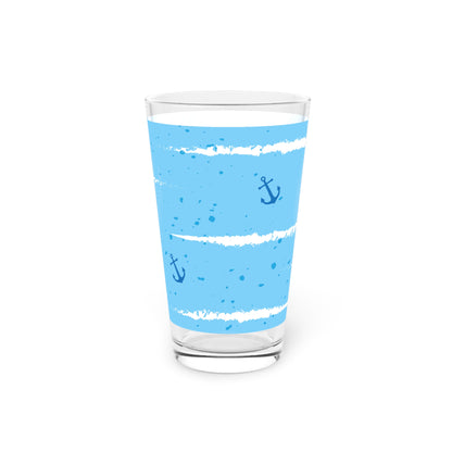 Nautical Anchor & Hearts 16oz Pint Glass — Blue Striped Beachy Beer Glass