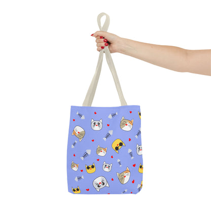 Cute Cat Emoji Pattern Tote Bag – Purple All-Over Print Cat Faces & Fishbones