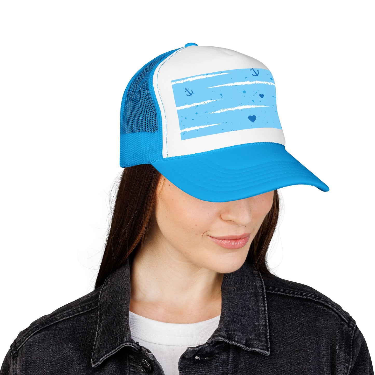 Trucker Hat — Lightweight Nautical Stripe Design (Anchors & Hearts)