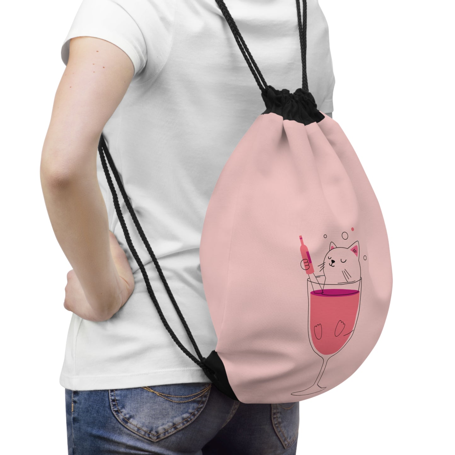 Cute Cat in Wine Glass Drawstring Bag — Pink Kitty Wine Lover Gym Sack
