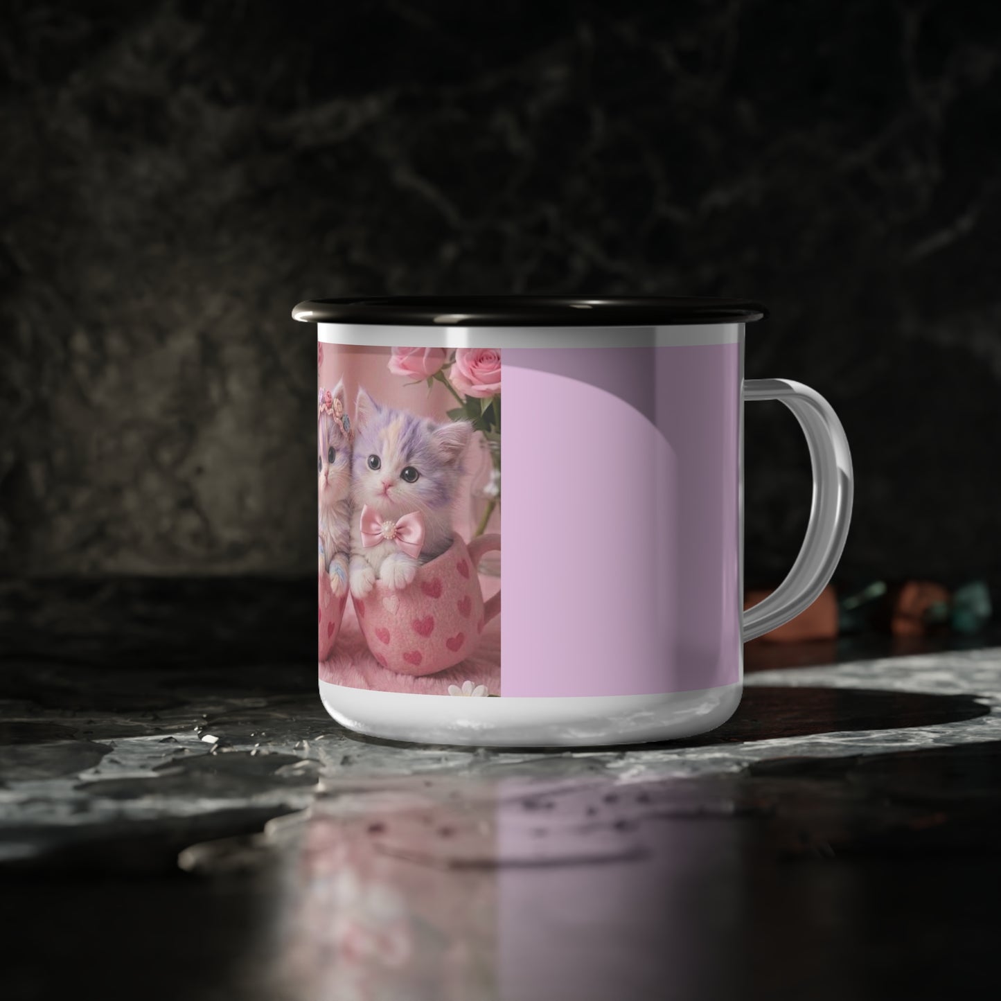 Cute Kittens Enamel Camp Cup — Pink Heart Floral Vintage Cat Mug