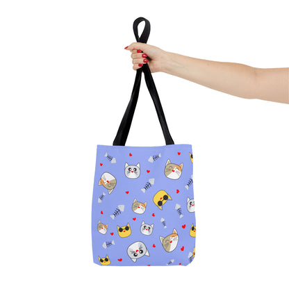 Cute Cat Emoji Pattern Tote Bag – Purple All-Over Print Cat Faces & Fishbones
