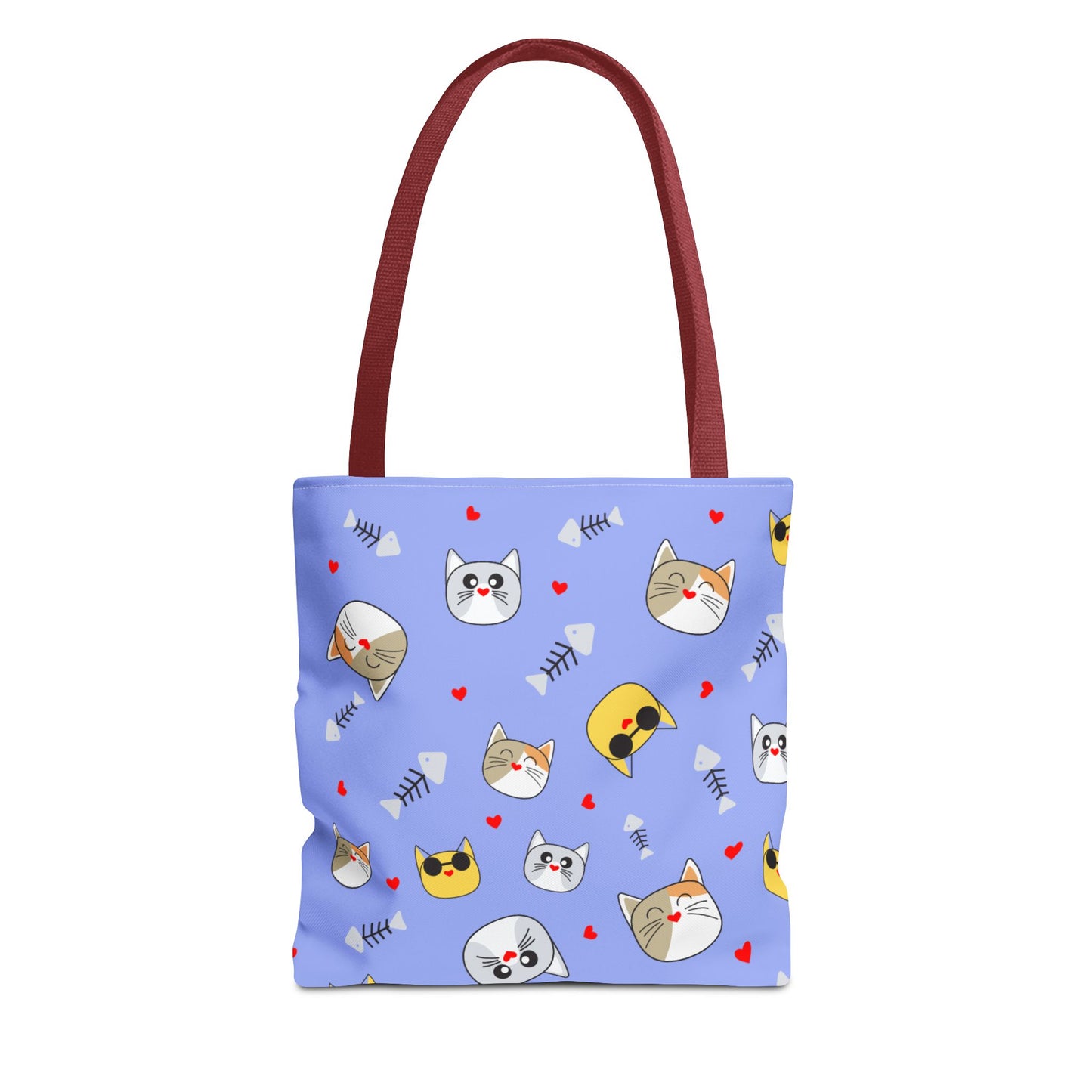 Cute Cat Emoji Pattern Tote Bag – Purple All-Over Print Cat Faces & Fishbones