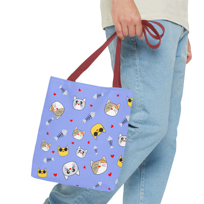 Cute Cat Emoji Pattern Tote Bag – Purple All-Over Print Cat Faces & Fishbones
