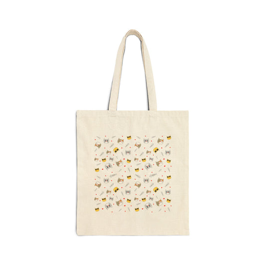 Canvas Tote Bag — Cute Kawaii Cat Pattern Reusable Grocery & Book Bag