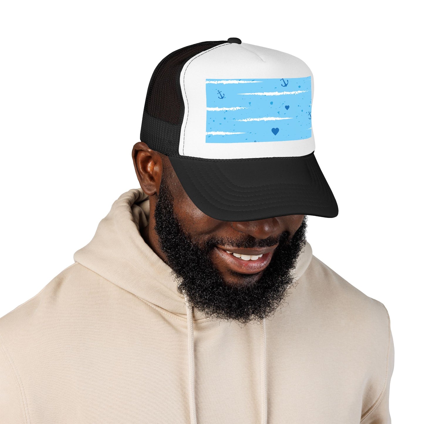 Trucker Hat — Lightweight Nautical Stripe Design (Anchors & Hearts)
