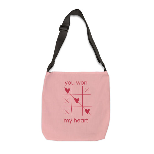 Adjustable Tote Bag — Pink 'You Won My Heart' Tic-Tac-Toe Valentine Tote