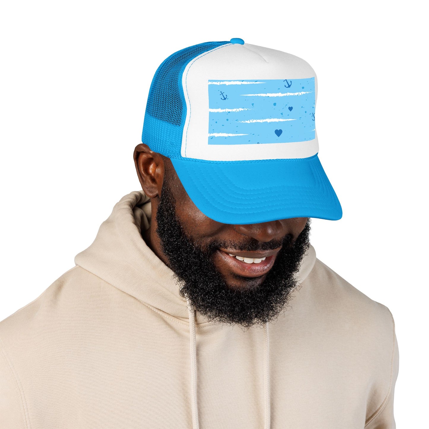 Trucker Hat — Lightweight Nautical Stripe Design (Anchors & Hearts)