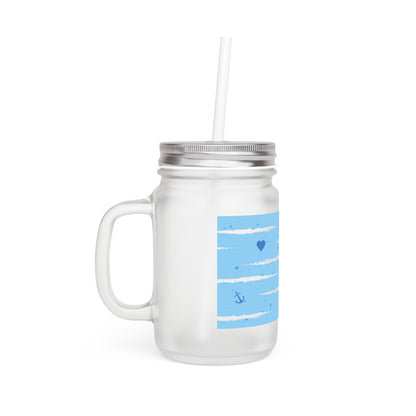 Nautical Stripes Mason Jar Tumbler – Blue Anchor & Heart Summer Drink Cup