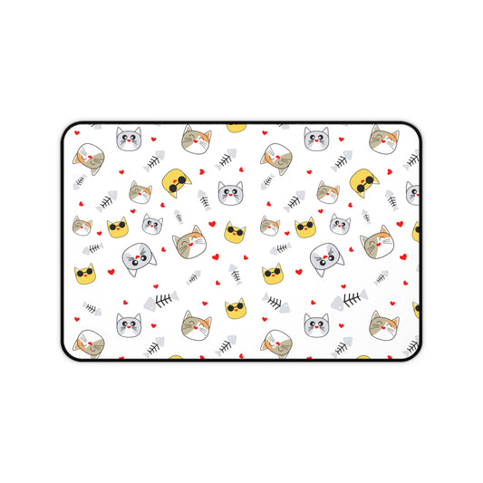 Cute Cat Pattern Desk Pad — White Kitty Faces Mouse Pad for Home Office