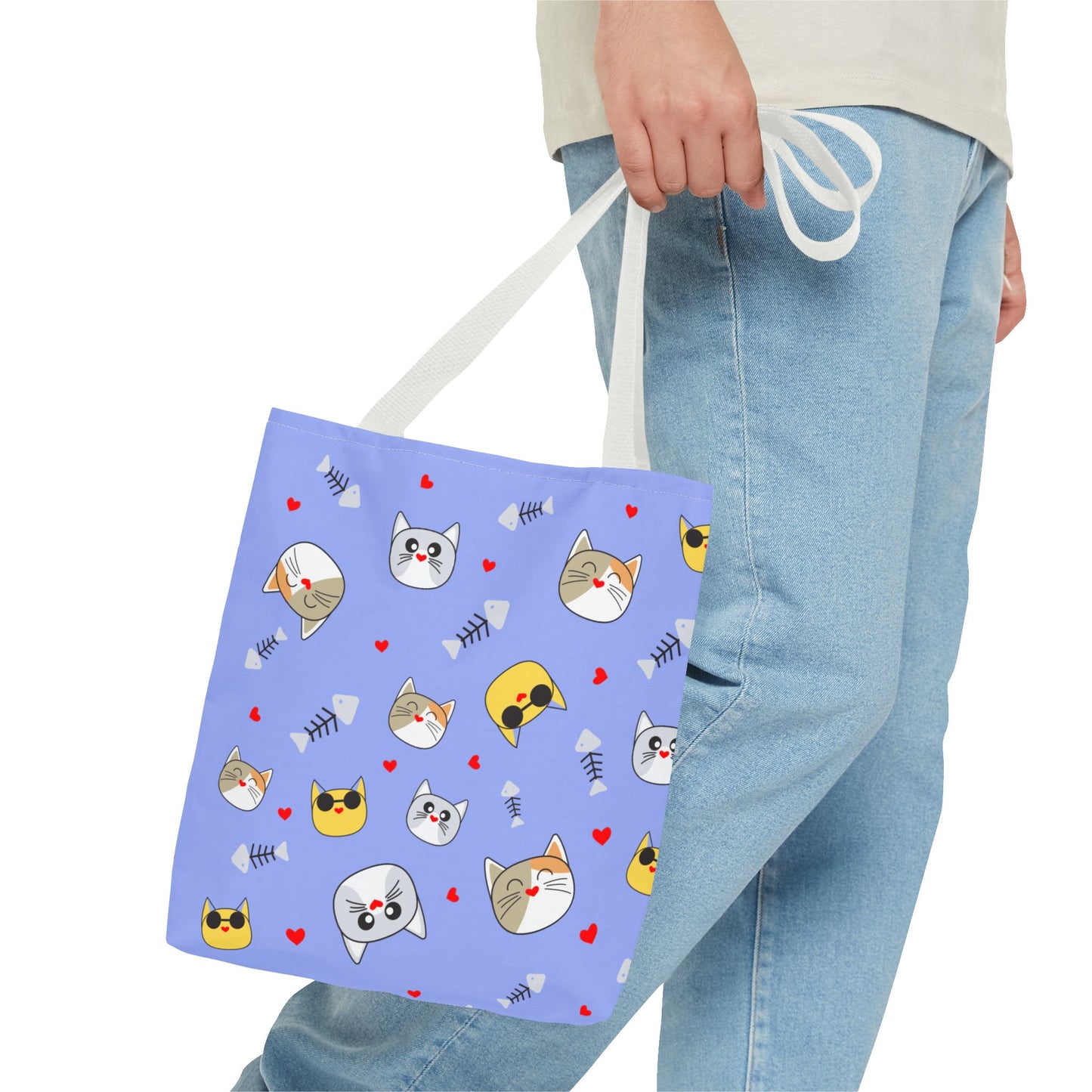 Cute Cat Emoji Pattern Tote Bag – Purple All-Over Print Cat Faces & Fishbones