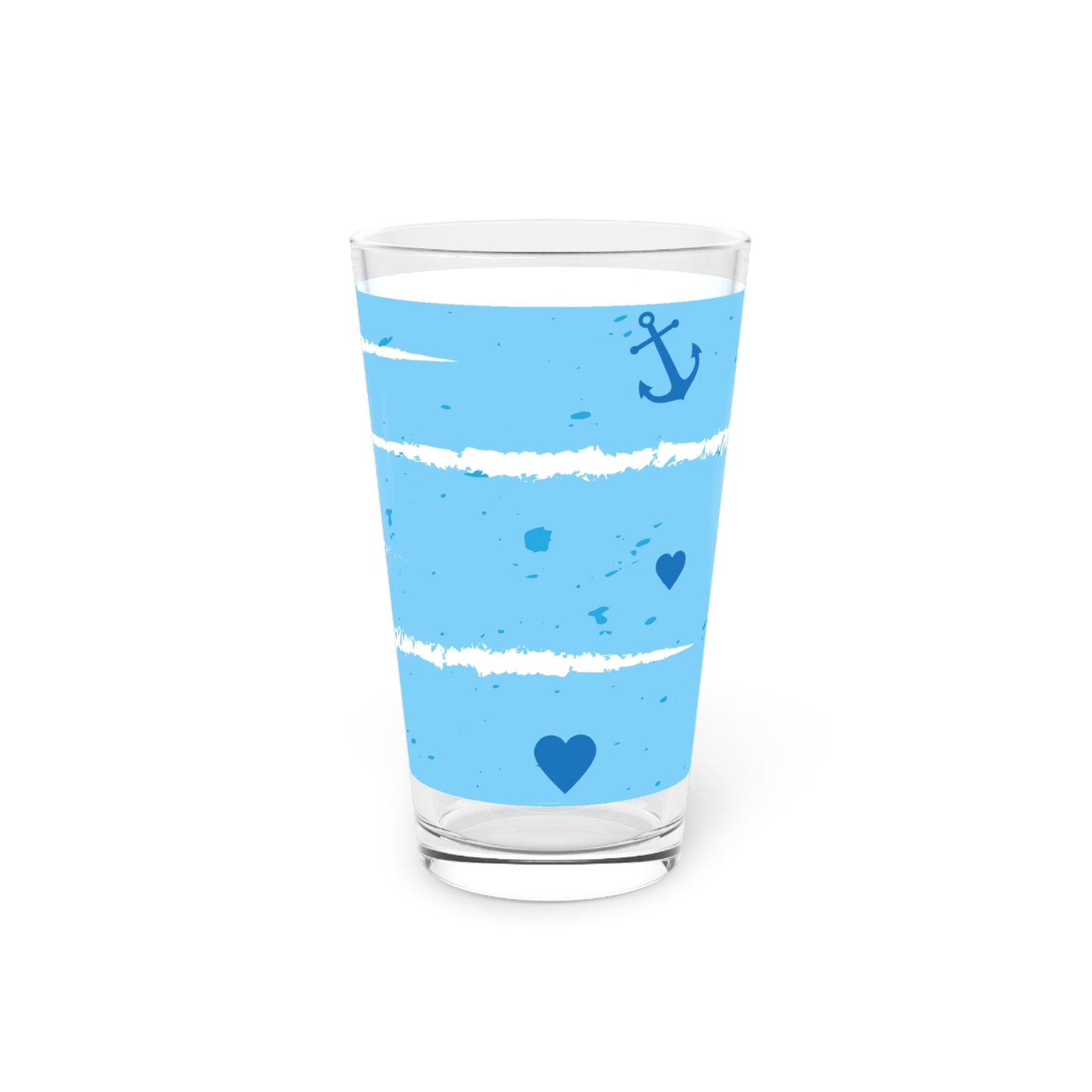 Nautical Anchor & Hearts 16oz Pint Glass — Blue Striped Beachy Beer Glass