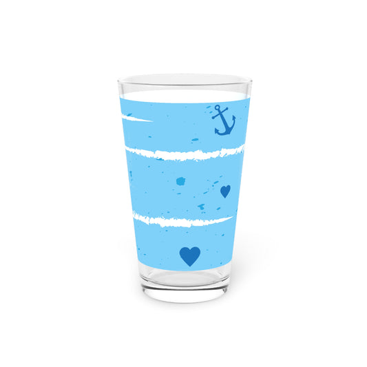 Nautical Anchor & Hearts 16oz Pint Glass — Blue Striped Beachy Beer Glass