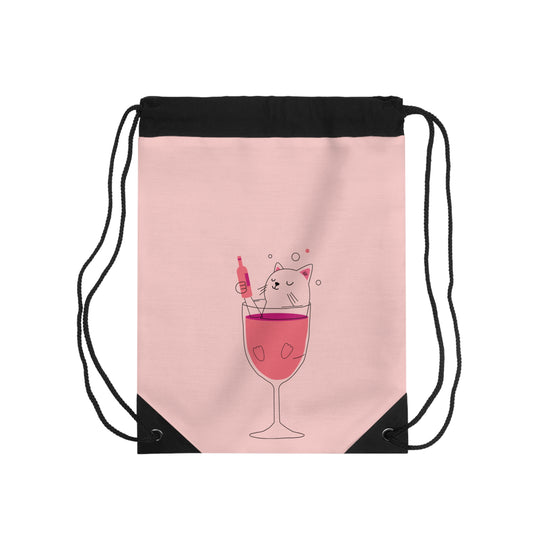 Cute Cat in Wine Glass Drawstring Bag — Pink Kitty Wine Lover Gym Sack