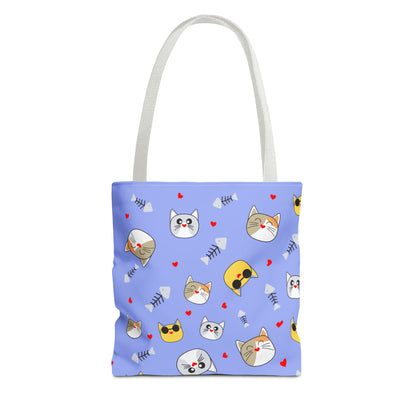 Cute Cat Emoji Pattern Tote Bag – Purple All-Over Print Cat Faces & Fishbones