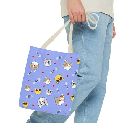 Cute Cat Emoji Pattern Tote Bag – Purple All-Over Print Cat Faces & Fishbones