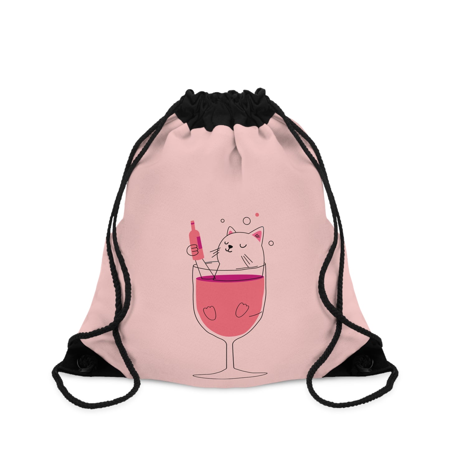 Cute Cat in Wine Glass Drawstring Bag — Pink Kitty Wine Lover Gym Sack